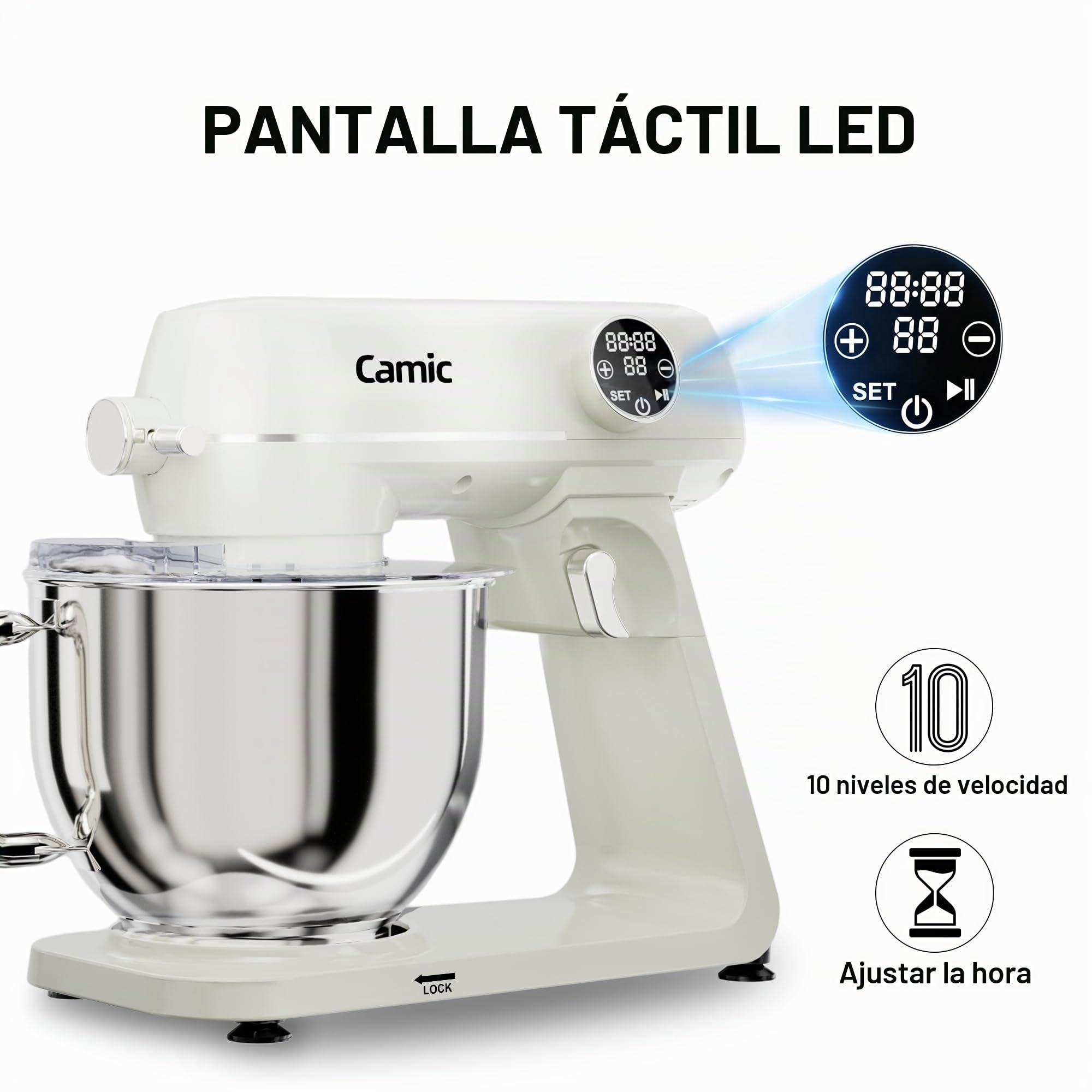 Camic Batidora Amasadora 1800W 8L Amasadora Reposteria Todo Metal, 10 Velocidades, Pantalla Táctil LED, Equipada con Batidor, Gancho para Amasar y pala Mezcladora, para Hornear Pasteles, Galletas Pan