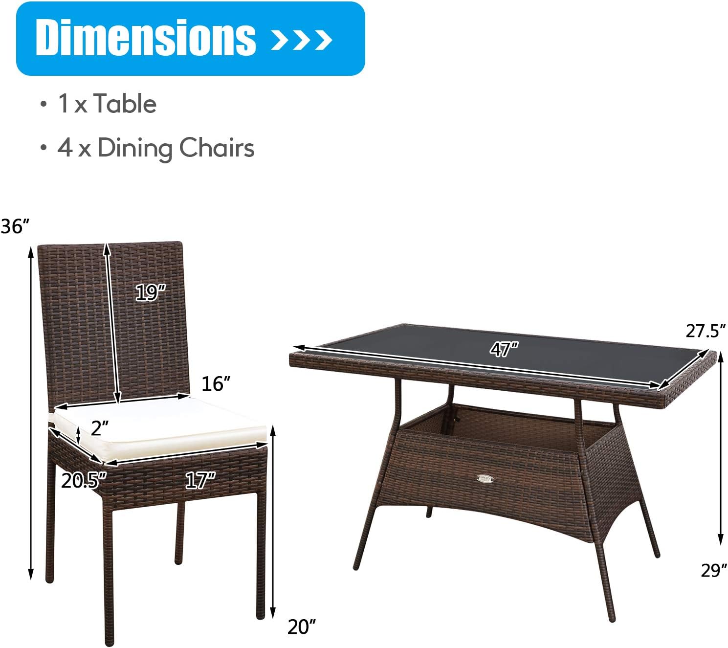 HAPPYGRILL 5-Pieces Patio Dining Set Outdoor Rattan Wicker Table and Chair Set with Glass Tabletop, Modern Dining Furniture Set with Cushioned Chairs for Backyard Porch Dining Room Kitchen