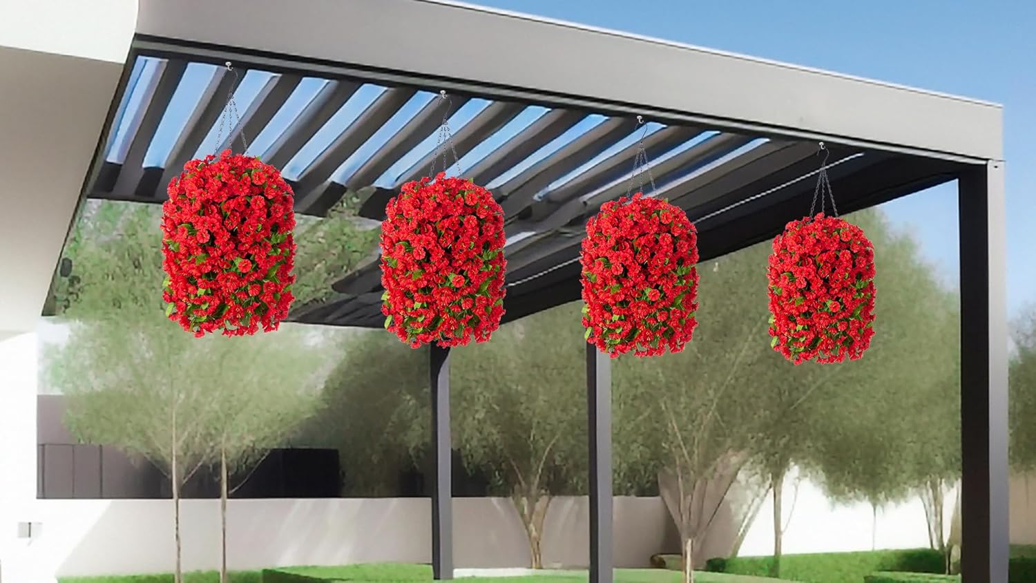 Artificial Faux Hanging Flowers Basket for Spring Summer Outdoor Outside Porch Decoration, Fake Silk Colorful Morning Glory Eucalyptus UV Resistant Look Real for Home Patio Balcony Yard(Red) - Image 8