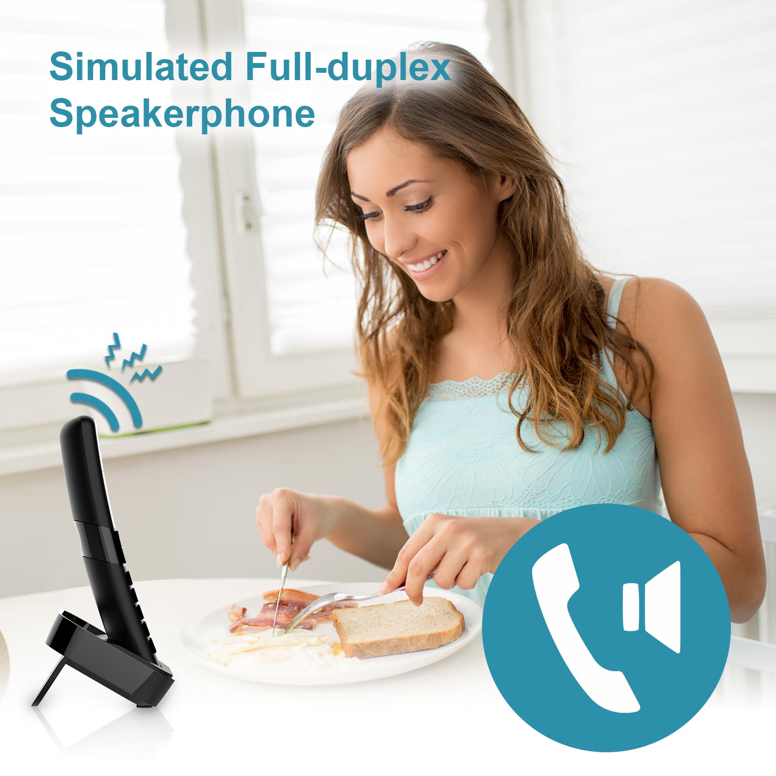 Woman eating breakfast while talking on the phone using the speakerphone feature.