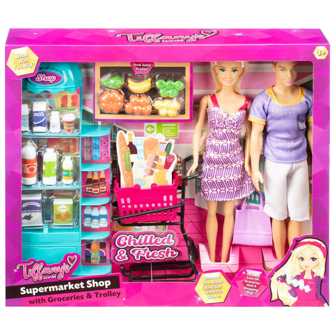 Title: YKM'S Tiffany's World Supermarket Shop Playset 2 Dolls Shopping Trolley Grocery Accessories Pretend Roleplay Kids Toy Set Creative Shopping Fun Activity