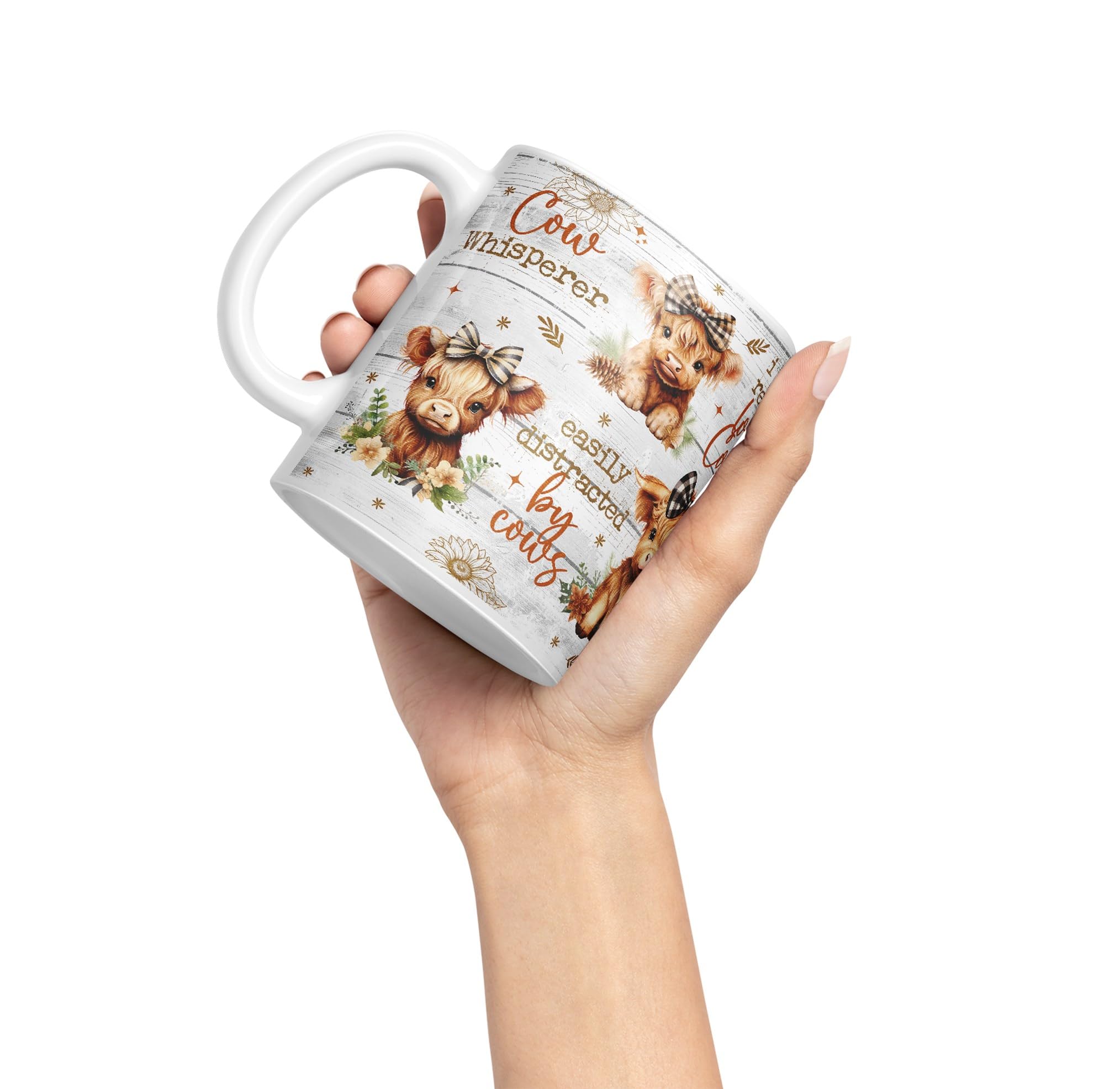 Vixar Easily Distracted by Baby Cow Whisperer I just Realy Love Cow Highland Scottish Farm Animals Ceramic Coloured Mug Cup for Tea Coffee Hot Brew 330ml 11Oz Gift (White) - Image 3