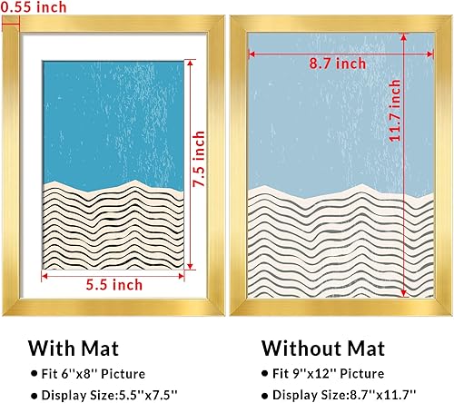 Miniatura 2 de LaVie Home Portarretratos de 9 x 12 pulgadas (paquete de 2), marco de diseño simple para fotos de 6 x 8 pulgadas con paspartú, formatos horizontales