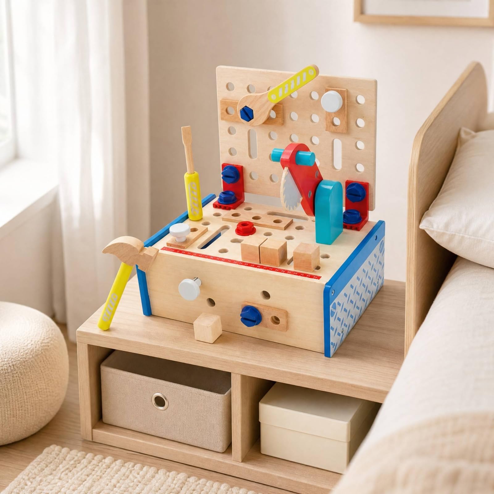 Officina Finta in Legno Educativo Giocattolo di Attrezzi in Legno Sicuro Postazione di Riparazione Giocattolo per Bambini Piccoli, Stile A
