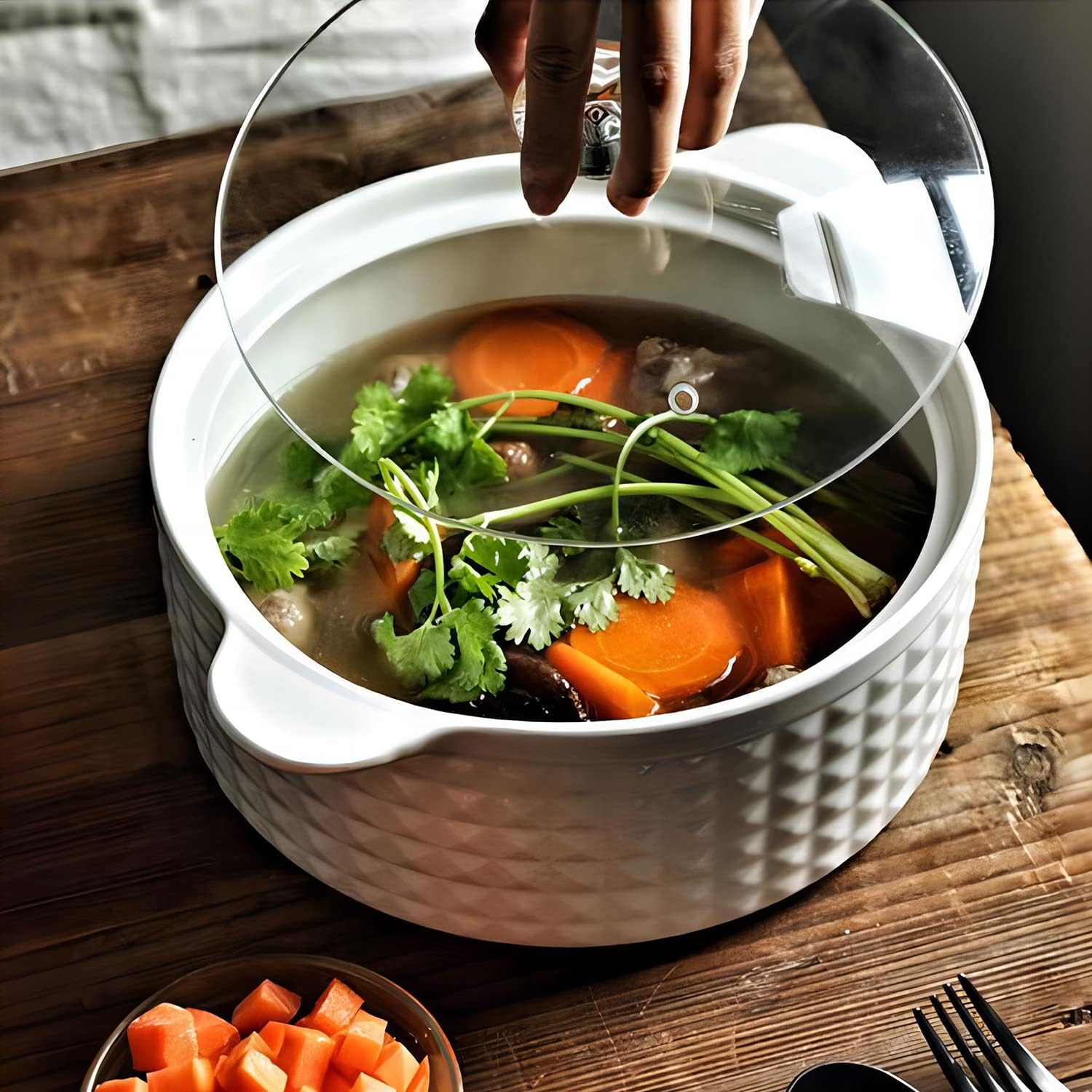 Ceramic Serving Soup Tureen with Glass Lid and Ceramic Ladle Set 2L Large Porcelain Serving Soup Bowls for Home Kitchen Restaurant Decoration, White, 2 Quart, Modern