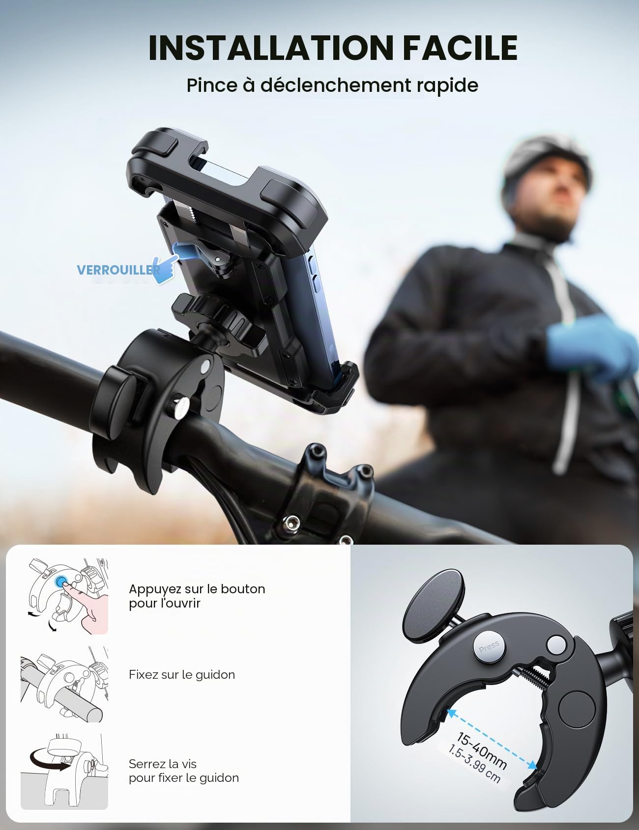 Lamicall Support Téléphone Moto, Support Téléphone Vélo - [Amélioré Pince de Guidon à Installation Rapide], Porte Téléphone Vélo pour iPhone 17/16/15/14/13 Pro Max, Xs XR, Android, Smartphone 4.7-6.8”