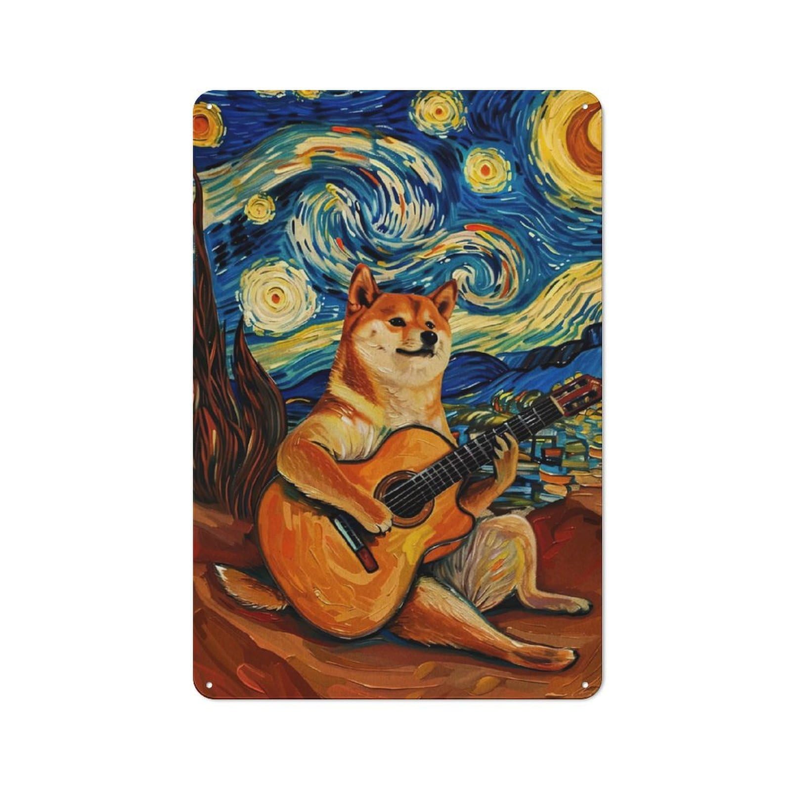 Junmoney Style-14 Doge Guitarist In Starry Night Style Industrial Metal Wall Decor 30X20cm, Retro Metal Sign For Workshop, Basement, Shed Or Games Room