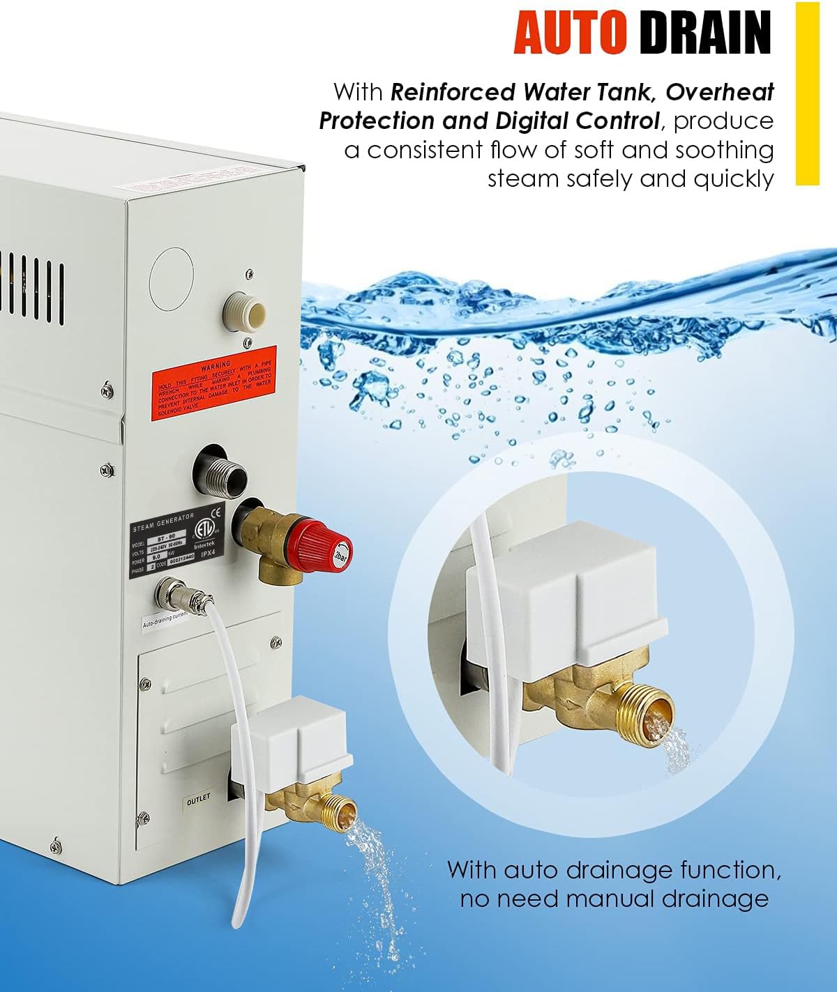 CGOLDENWALL 6KW Sauna Dampfgenerator 220V für Haus und Gewerbe, Sauna/Dusche/Bad/SPA, mit Automatischer Entwässerung, LED-Digital-Regler für 6 m³ Raum- Automatischer Thermostat 35-55℃