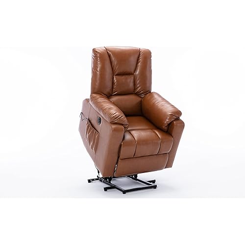 Grsolul Power Lift Chair Electric Recliner for Elderly, PU Leather Recliners Ergonomic Lounge Chairs Classic Single Sofa with Heated Vibration Massage, Side Pocket for Living Room/Home Theater(Brown)
