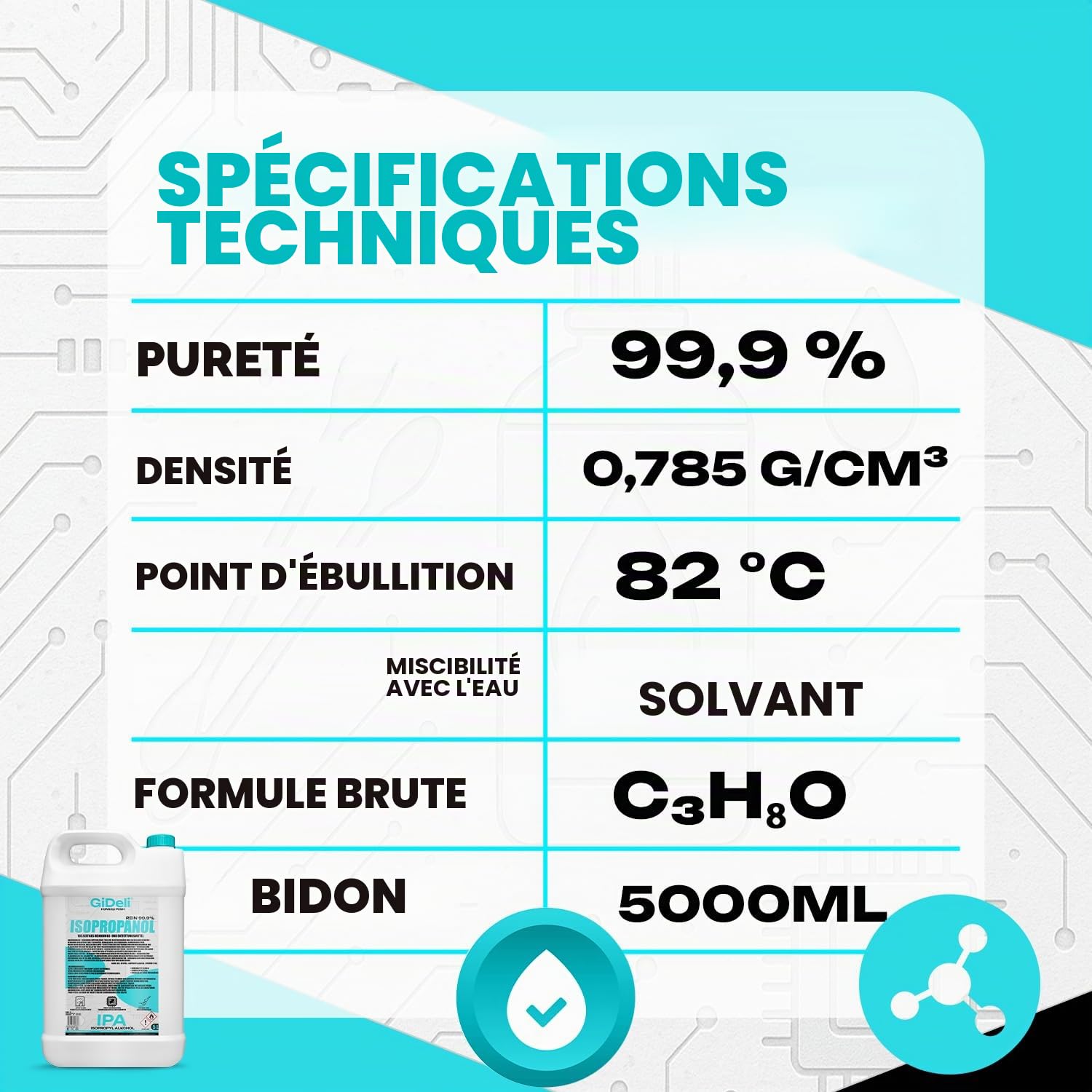 GiDeli Isopropanol 99,9% 15 litres d'alcool isopropylique à haute teneur en alcool pour le nettoyage des composants électroniques, lentilles et écrans, nettoyage des résines avec impression 3D