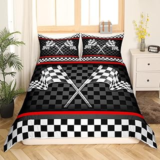 Racing Car Kids Duvet Cover Set Full Size,Boys Girls Adults Bedroom/Gamer Decor,Flags Checkered Grids Geometric Comforter Cover,Modern Sports Stylish Bedding Set,Black White Quilt Cover,2 Pillowcases