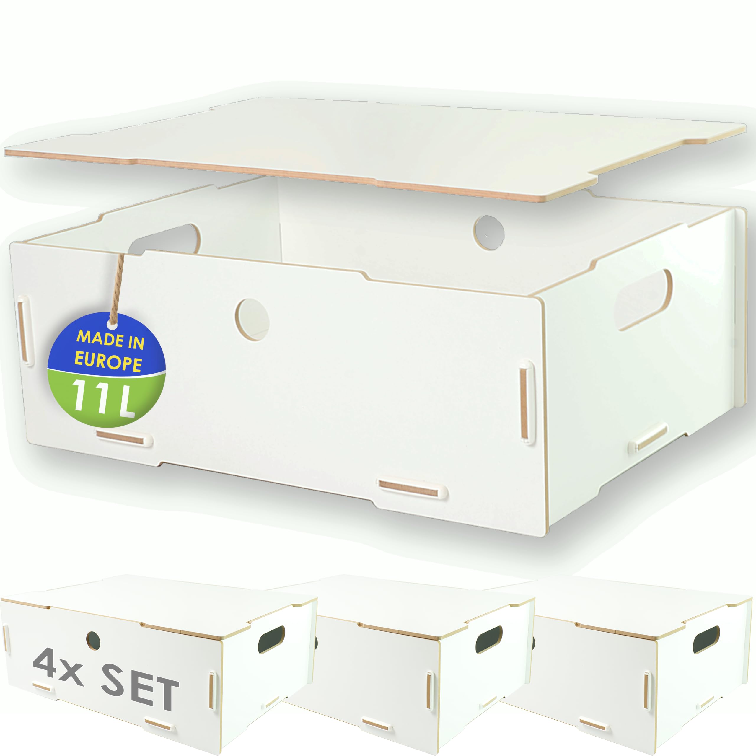 4er Set Aufbewahrungsbox mit Deckel Holzkiste stapelbar mit Griffe 39x29x14
