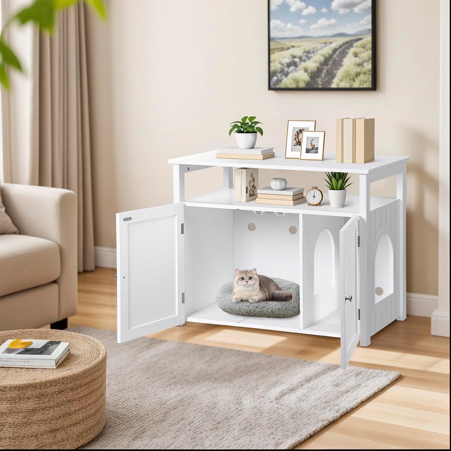 Large Cat Litter Box Enclosure,Litter Box Furniture Hidden with Barn Door Removable Divider,Indoor Wooden Cat Washroom Storage Cabinet End Table,White