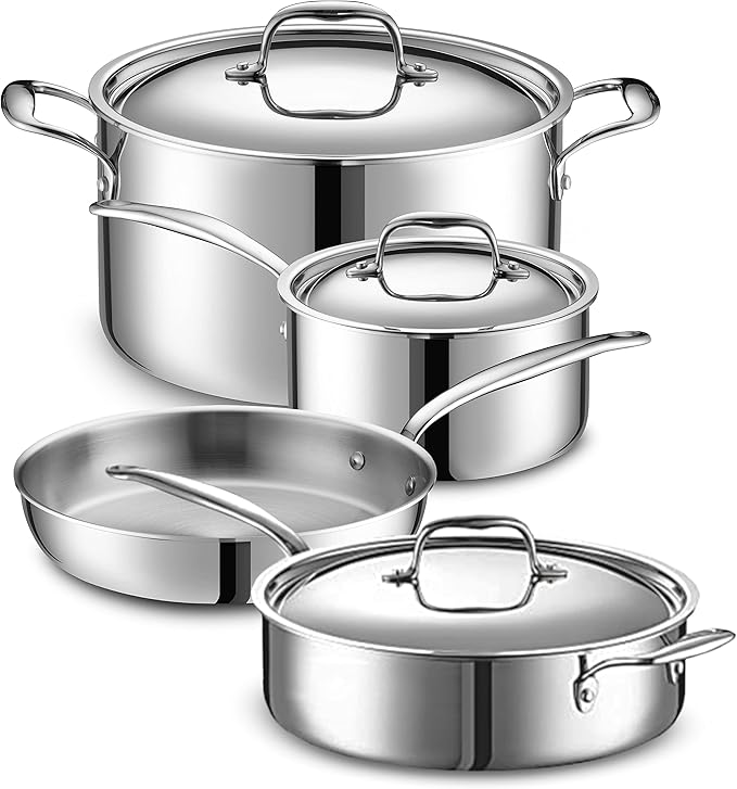 Legend 5 Ply 7 pc Small Starter Set Stainless Steel Pots & Pans for Home Cook | Quality Cookware 5ply Clad All Surface Cooking Induction Oven Safe | Non-Teflon Non Toxic PFOA, PTFE & PFOS Free