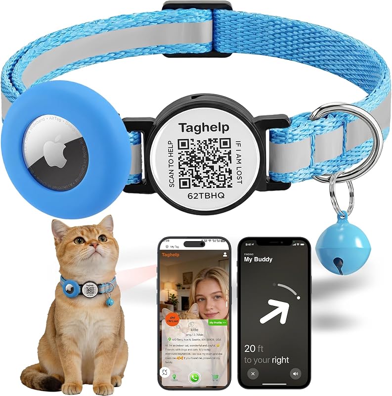 Coleira para Gatos com Suporte para Apple AirTag, QR Code, Faixa Refletiva e Fecho Breakaway Taghelp TH-1171/2
