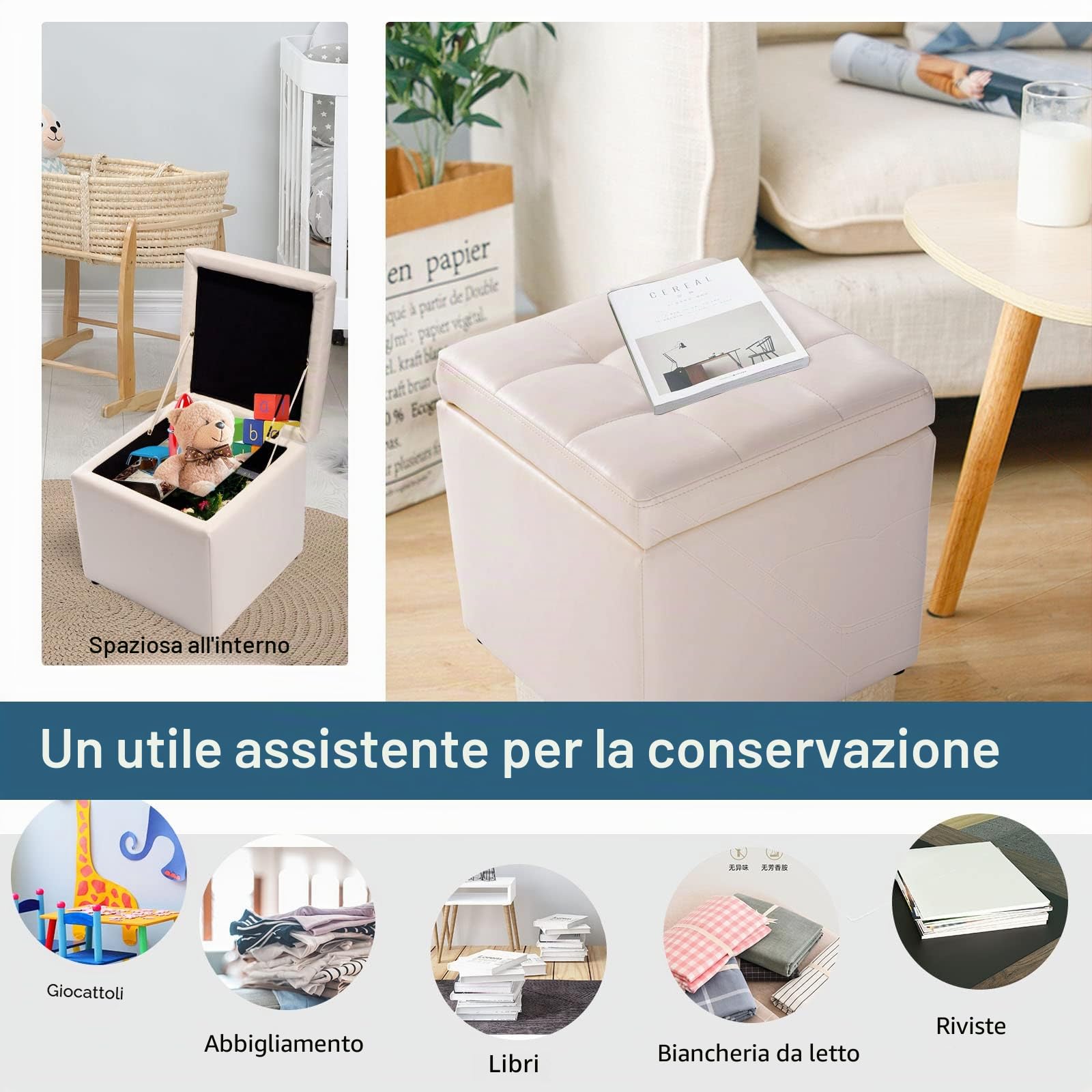 LIFEZEAL Pouf Cubo, Contenitore, Pioggiepiedi, Ottoma in PU, Sedile Imbottito, Telaio in Legno, Già Montato, per Soggiorno, Camera da Letto e Cameratta, Peso Max 300 kg, 40x40x40 cm (bianco)