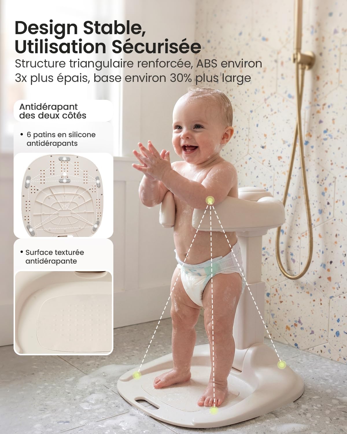 Grownsy Support Baignoire Bébé dès 6 Mois, Support Douche Bébé Debout Pliable et Réglable avec Base Antidérapante pour Bébés et Jeunes Enfants