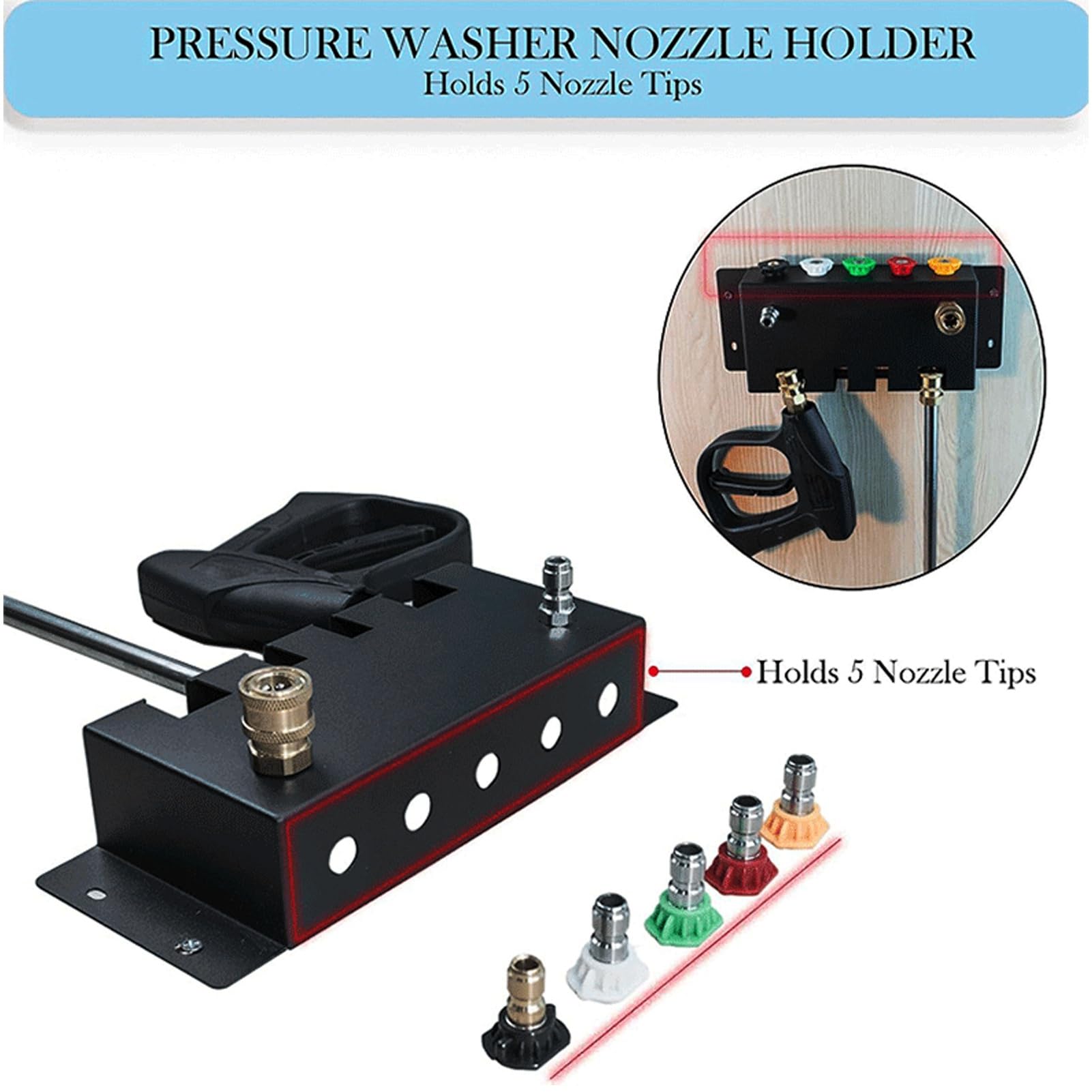 Supporto Accessori Idropulitrice, Porta Ugelli Idropulitrice a Parete con 5 Ugelli 1/4, Organizzatore Accessori Lavaggio in Acciaio Inox, Rack Stoccaggio