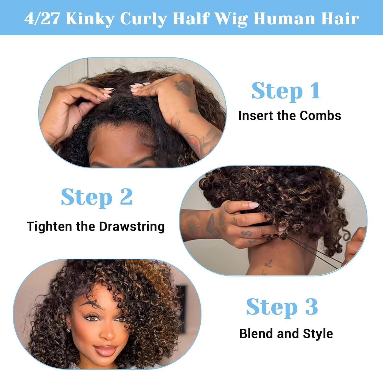 4/27 Curly Half Wig Human Hair 200 Density Upgrade 3 In 1 Seamless Flip Over Half Wigs Beginner Friendly Glueless Wear and Go Kinky Curly Human Hair Wig Drawstring Headband Wig for Women 26 Inch