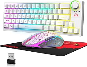 Wireless Gaming Keyboard Mouse Combo Set 4000mAh Rechargeable 2.4G Cordless USB Receiver RGB Rainbow Backlit Compact Mechanical Feel Knob Control Button+2400 DPI Mute Mice+Mouse Pad for PC MAC-White
