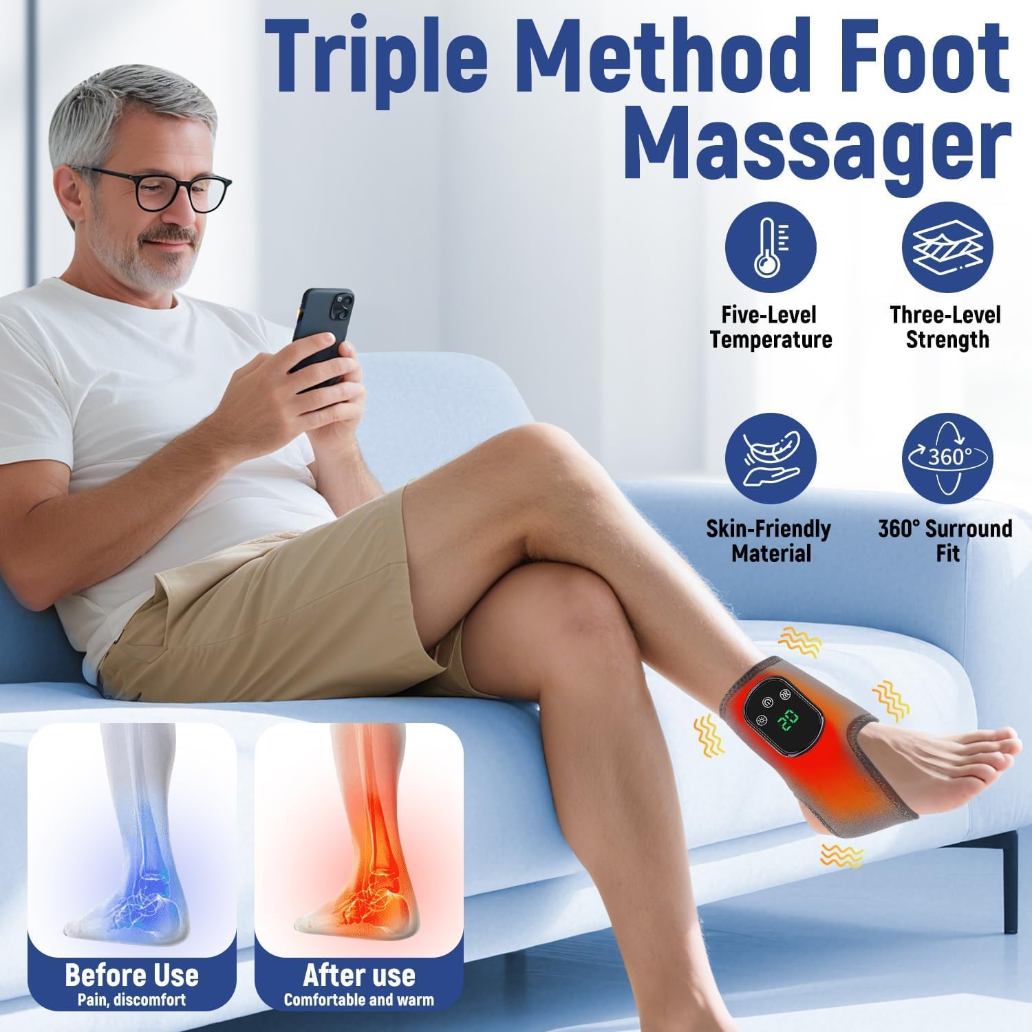 Lot de 2 masseurs de pieds, 3 en 1, appareil de massage électrique avec 5 réglages de chaleur, chauffe-pieds sans fil, chauffe-pieds avec appareil de massage des chevilles
