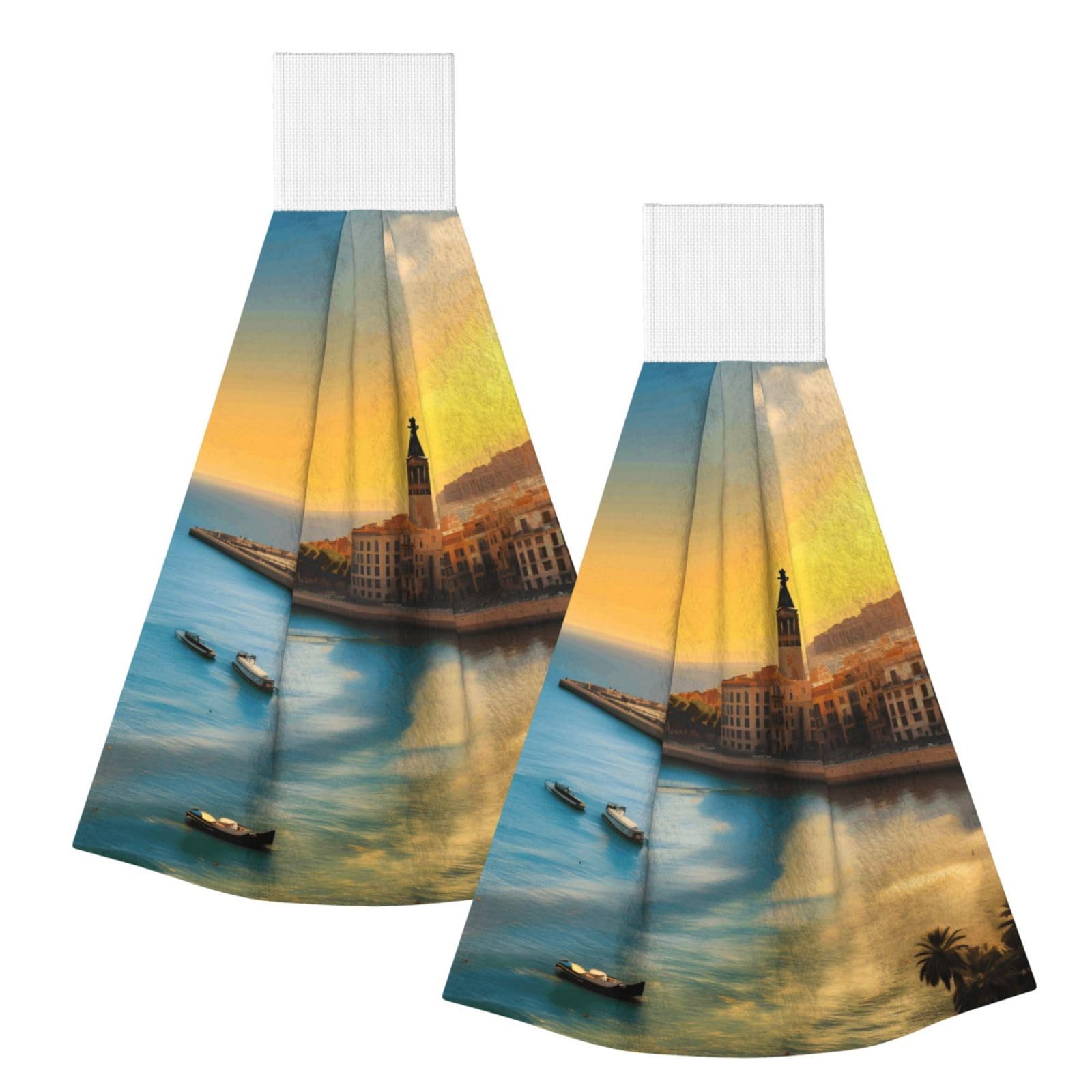WUPngg Sunset in Barcelona Bathroom Tie Towels/Dish Cloth,Kitchen Hanging Towel, Coral Fleece Dry Cleaning Hand Dishcloths One Size