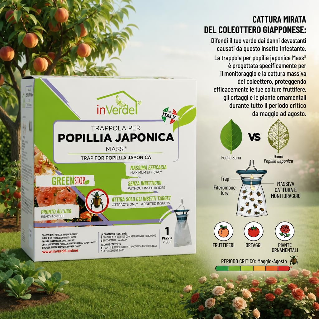 Sandokan, 2 Trappole Popillia Japonica a Feromoni,Alternativa Naturale Insetticida per Popillia,Cattura Insetti con Attrattivo Floreale e 3 Sacchetti Compostabili, Made In Italy