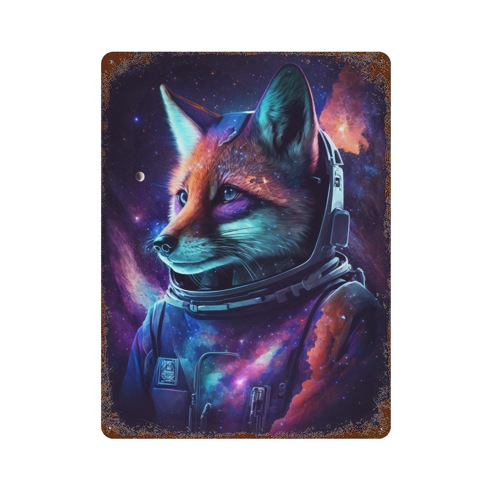 Cosmic Fox Astronaut Art Print-9 Aged Metal Wall Plaque 15.7"x11.8", for Office, Studio And Wall Decor, Novelty Wall Decor