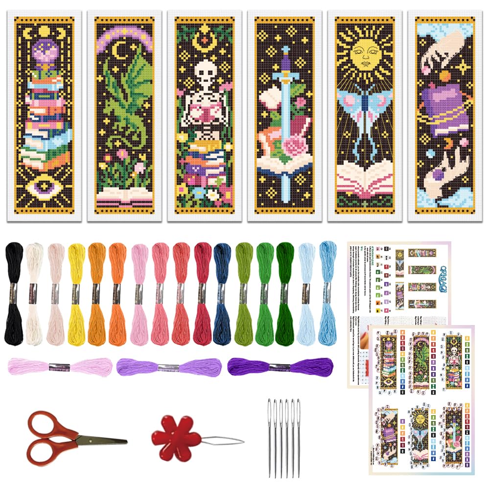 ORIGACH 6 Set Mystical Tarot Card & Book Cross Stitch Bookmark Kit for Beginner with Backing Felt Floss Instructions DIY Stamped Embroidery Bookmark Kit for Adults, Book Lovers โ image 1