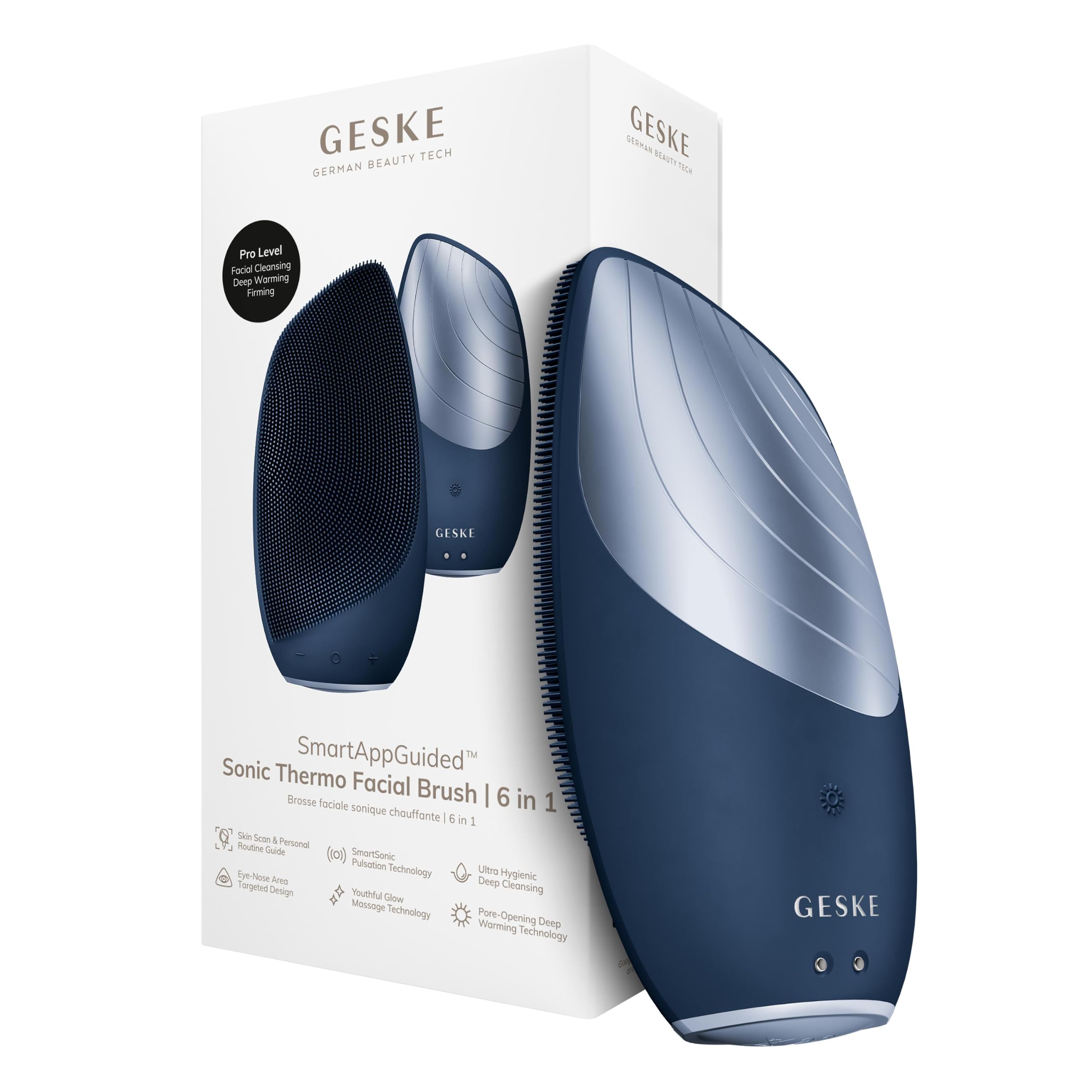 GESKE SmartAppGuided™ Sonic Thermo Facial Brush | 6 en 1 | Limpieza de la piel | Cepillo de limpieza con función térmica | Masajeador facial | Cepillo facial eléctrico | Dispositivo de limpieza facial