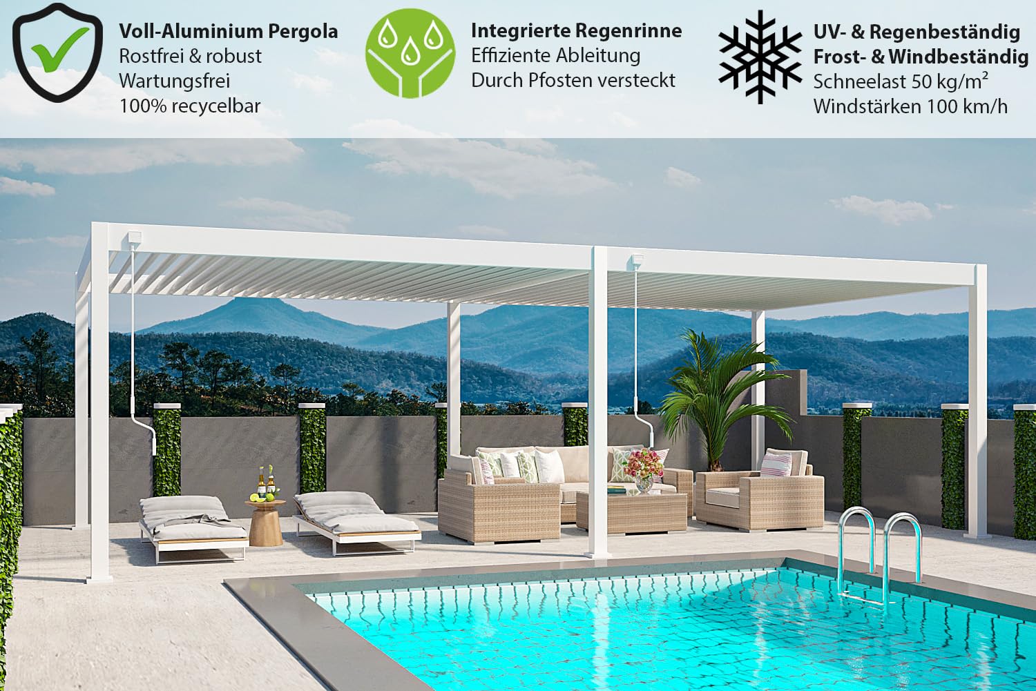 Weide Deluxe Plus Pergola in alluminio autoportante con tetto a doghe regolabile, resistente alle intemperie, per terrazza e giardino, con manovella e scarico dell'acqua integrato (bianco, 4 x 8)