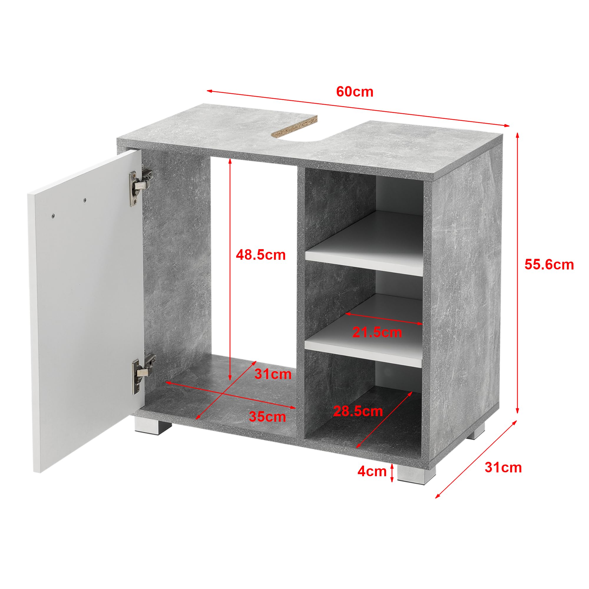 [en.casa] Mobile Sottolavabo da Terra Armadietto ad Anta e 3 Ripiani Regolabili in Altezza Mobiletto da Bagno Sotto Lavandino Ritaglio Sifone 56x60x31 cm - Effetto Cemento/Bianco