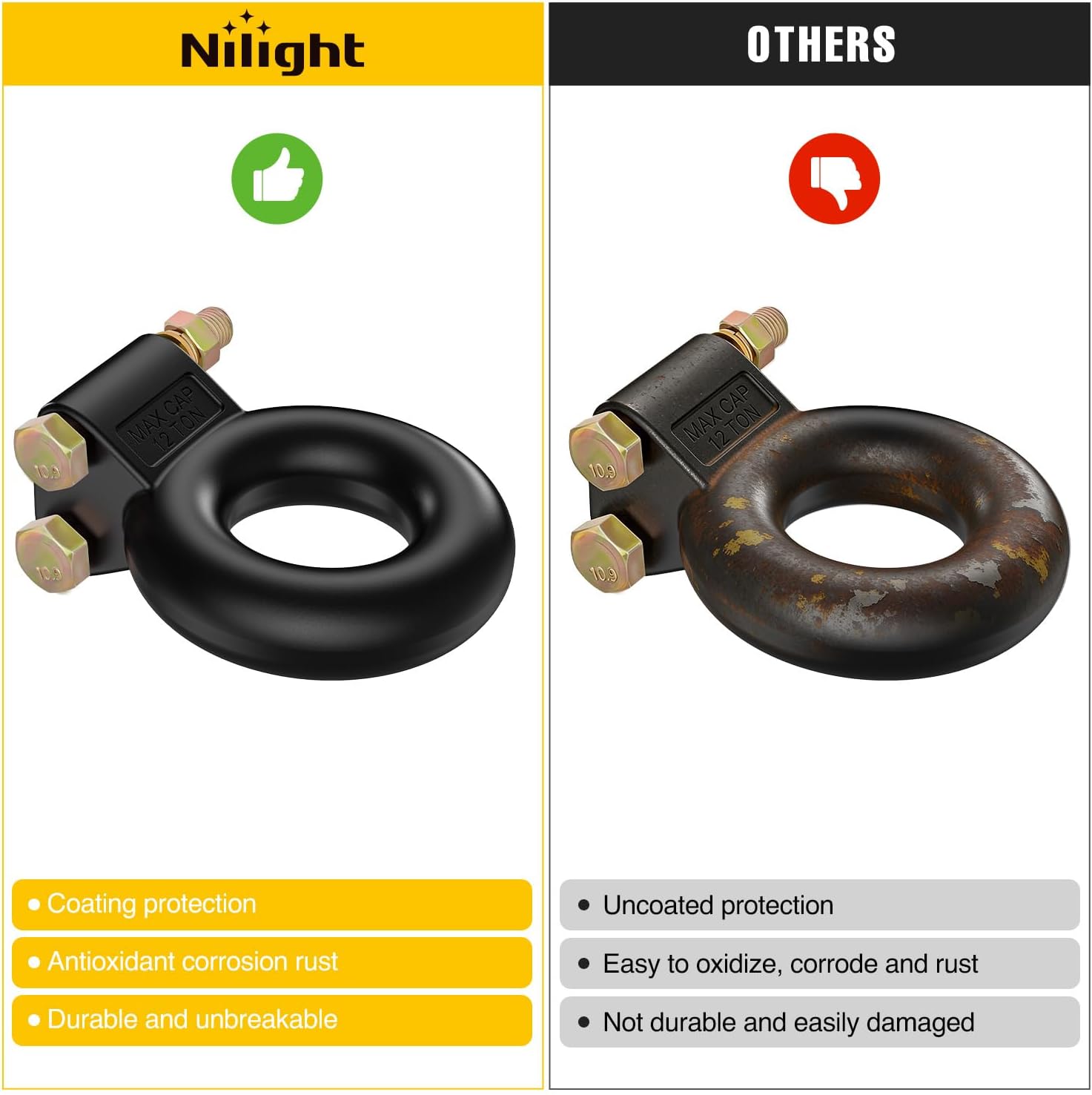 Nilight Heavy Duty Pintle Hitch Lunette Ring Tow Eye,3" ID, 26,455 lbs（12T） Capacity,Black Powdercoat,Trailers and Towing Accessories