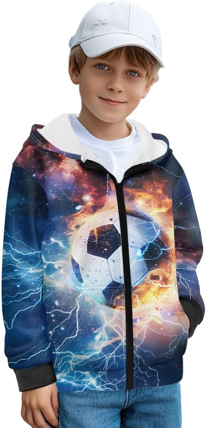 Boys Zip Up Hoodies 3D Printed Fleece Lightweight 6-16T Hooded Sweatshirt Athletic Jacket with Pockets for Kids