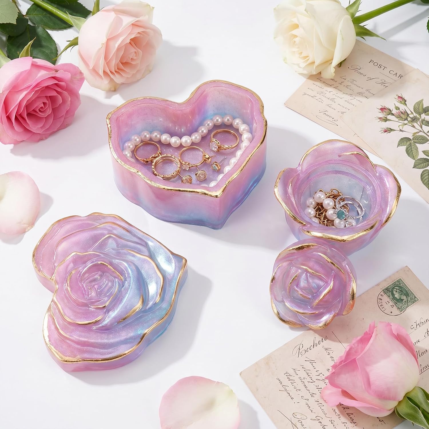 NiArt 4PCS 3D Rose Silicone Resin Molds, Jewelry Box Epoxy Mold with Lid
