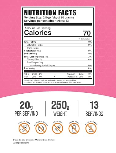 Miniatura 2 de BulkSupplements. com Dextrosa en polvo - Dextrosa monohidrato, procedente de maíz, sustituto de azúcar y sin gluten, 0.71 oz por porción, 250 g (8.8