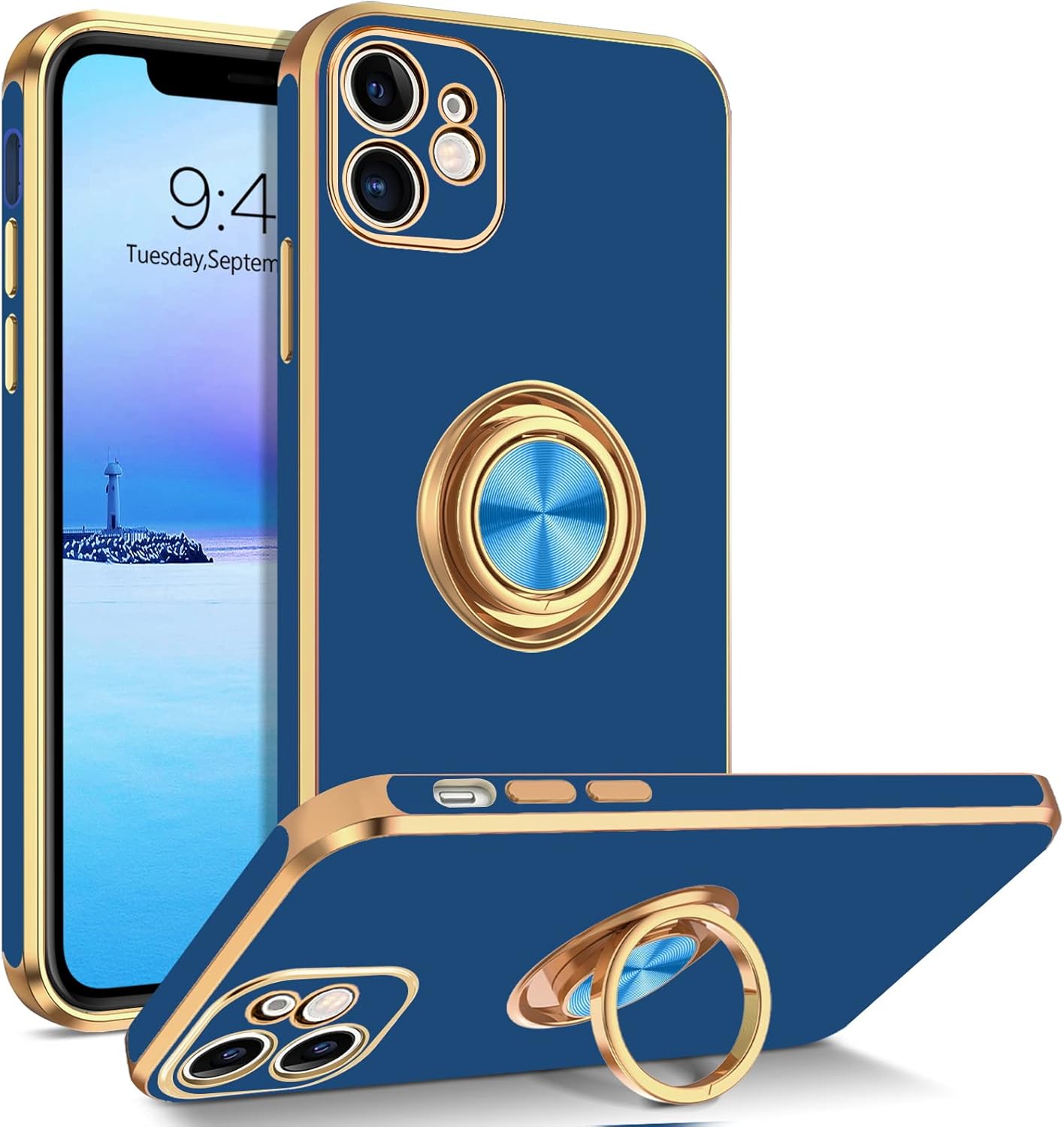 BENTOBEN iPhone 12 Case, Case iPhone 12 Ring Holder Edge Plating Rotation Kickstand Soft