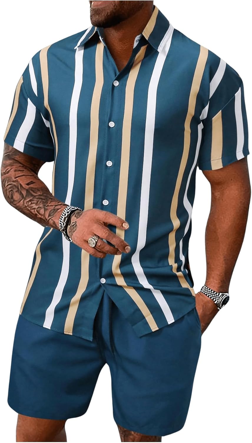 COZYEASE Men’s 2 Piece Striped Outfit Short Sleeve Button Down Shirt Drawstring Waist Shorts Set