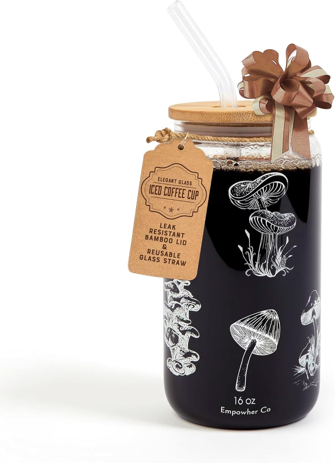 Empowher Co Cute Mushroom Iced Coffee Cups with Lid 16 oz with Bamboo Lid & Glass