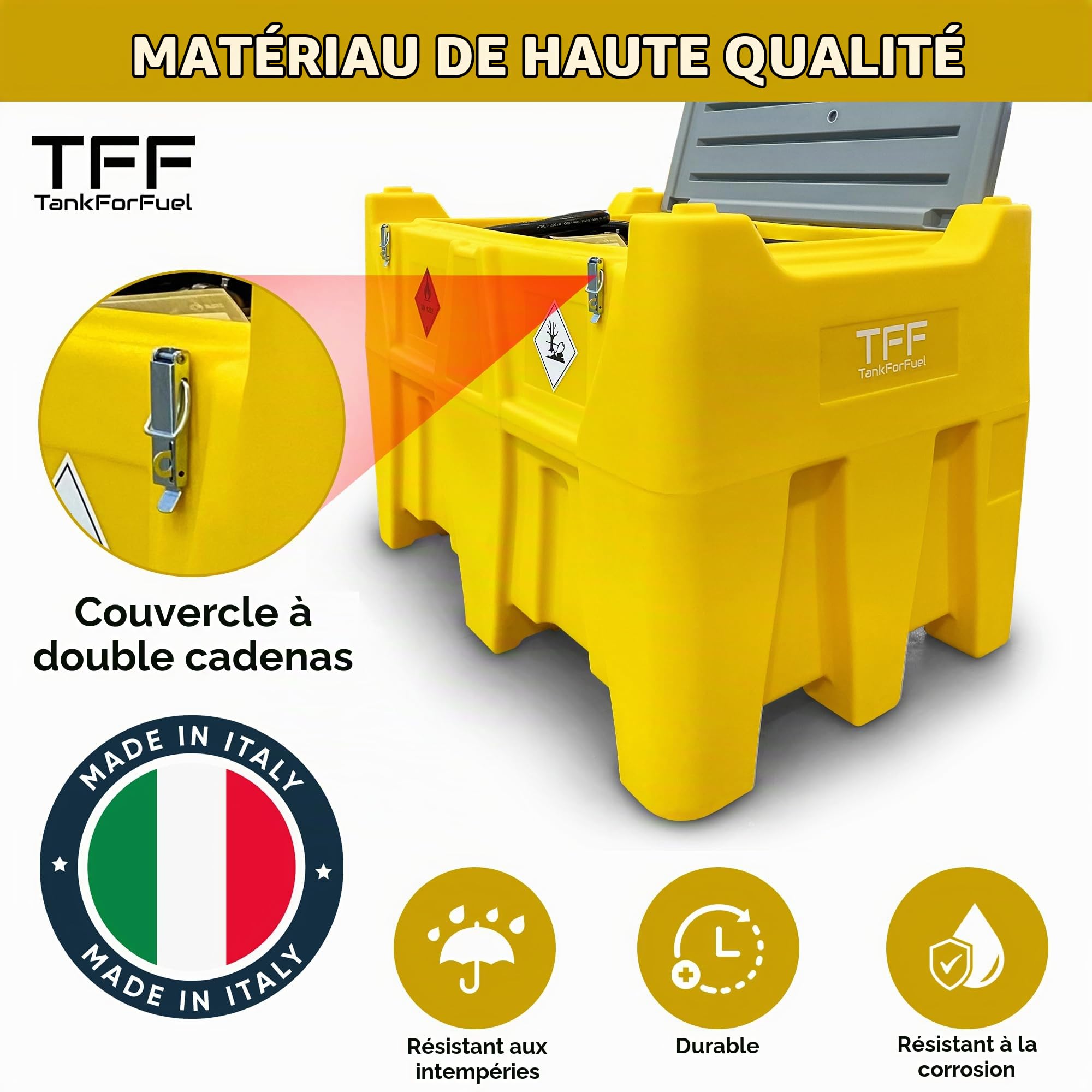 TFF Réservoir Diesel Portable, 440 Litres avec Pompe à Carburant 12V DC débit 40 l/min. Pompe à Diesel avec Câble Connexion Batterie et Tuyau Flexible 4 m avec Pistolet de Ravitaillement Automatique