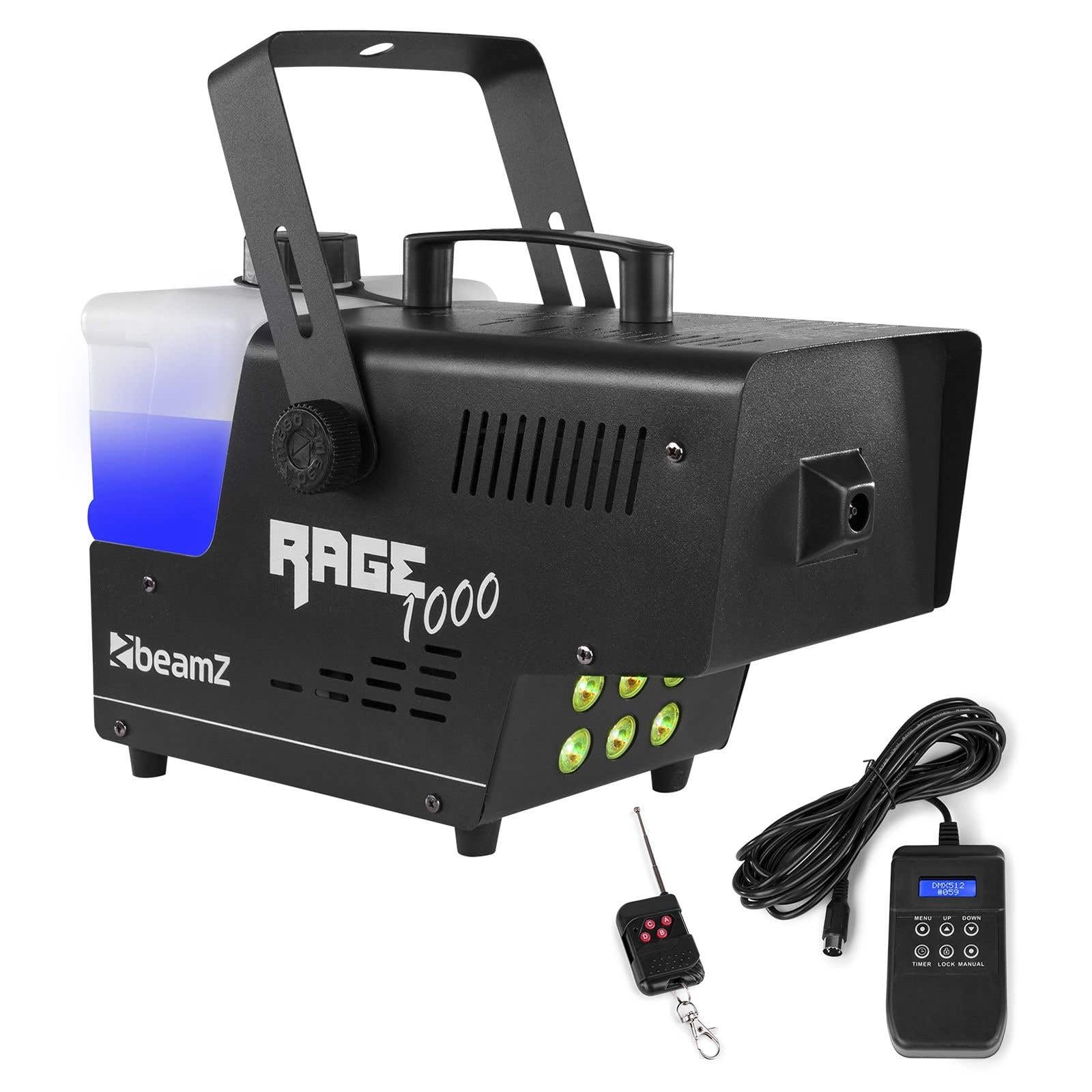 BeamZ RAGE1000LED - Máquina de humo con DMX para DJs y discotecas | Máquina de calidad, densidad de humo ajustable, gran capacidad de niebla, para Halloween y fiestas temáticas