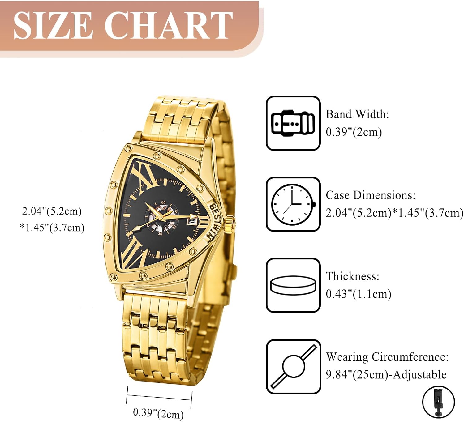 OIDEA Triangle Dial Watches for Men: Luxury Gold Tone Analog Quartz Wrist Watch Waterproof Calendar Stainless Steel Detachable Strap Casual Bussiness Dress Wristwatch