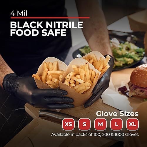 Miniatura 4 de Guantes desechables de nitrilo negro, sin látex y sin polvo, guantes de goma de 4 mil, para limpieza, cocina, mecánicos (XS-XXL)