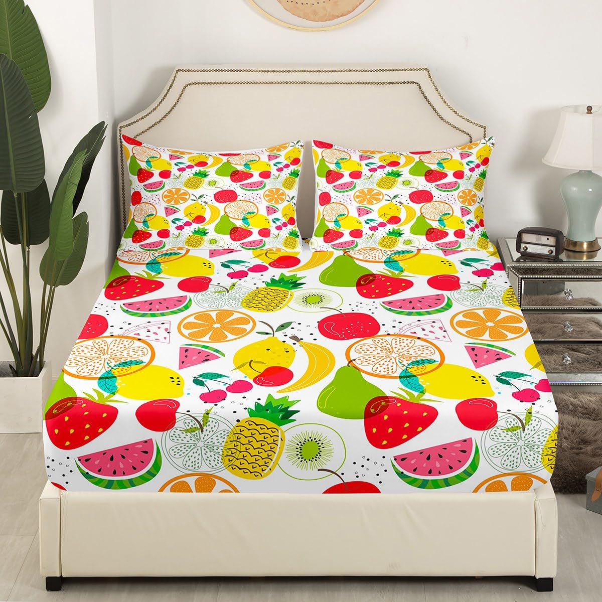 Feelyou Fruit Style Fitted Sheet Vegetables Fruits Bed Sheets for Kids Boys Girls Cartoon Fruit Bedding Set Yellow Red White Sheets Set Bedroom