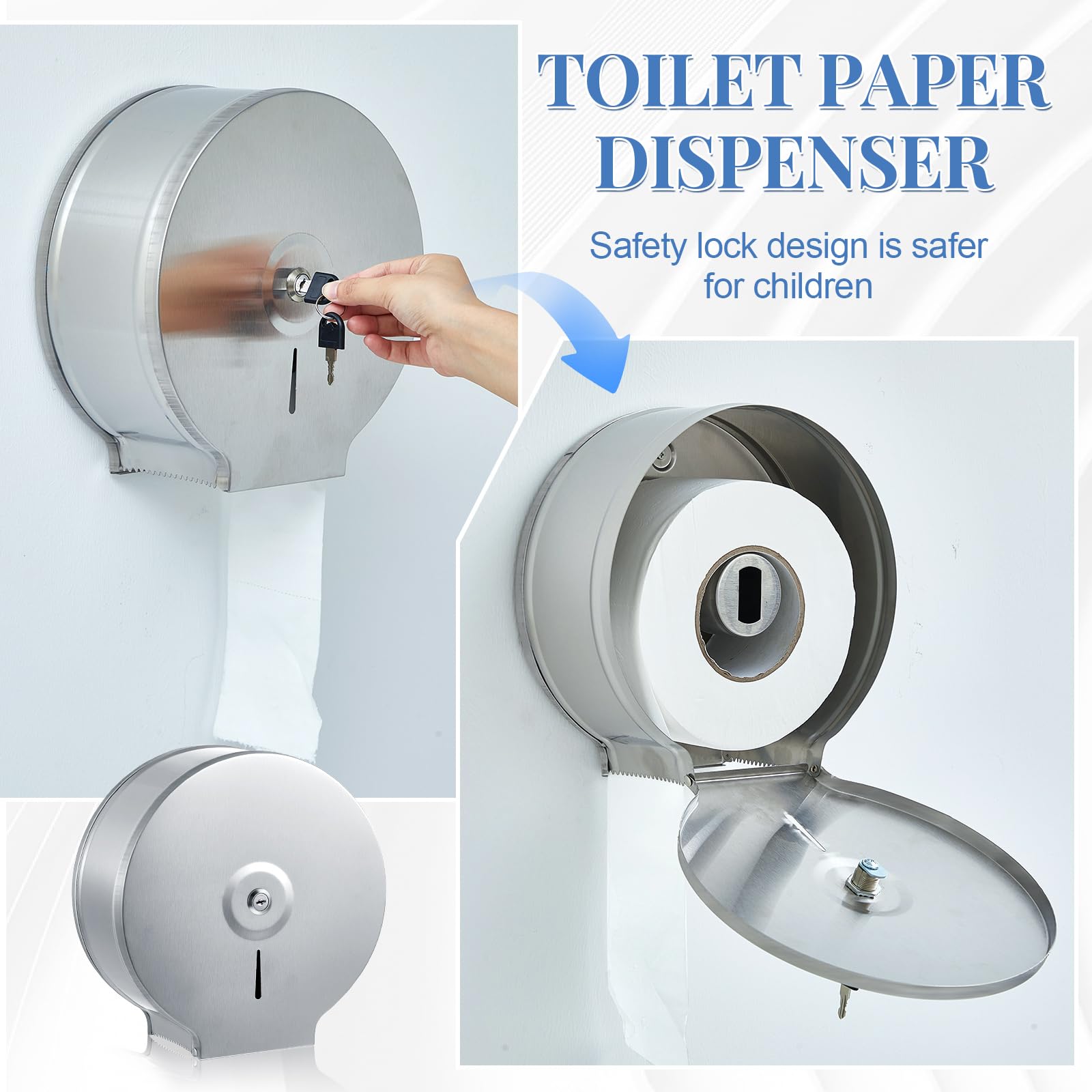 Mifoci Dispensador de papel higiénico comercial de 2 piezas, soporte de pared de acero inoxidable, dispensador de papel higiénico comercial jumbo para rollo de papel higiénico de 9 pulgadas para