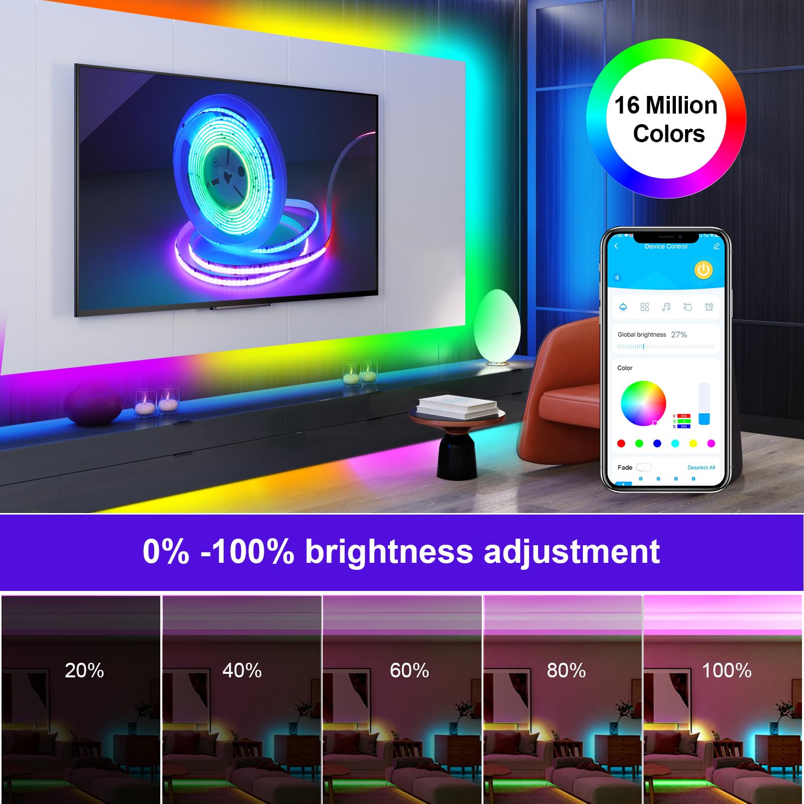 GUPUP Factory Tira de luces LED COB RGB de 16,4 pies, kit de luces de cinta que cambian de color inteligente con control remoto, control de aplicación y modo de música, tira de iluminación flexible pa