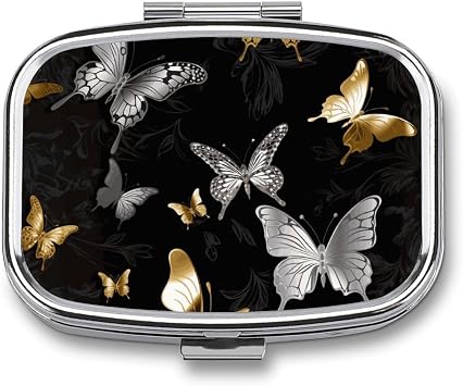 Pill Box Gold White Butterflies Black Travel Pill Organizer 2-Compartment Portable Medicine Case with Mirror Design for Vitamins, Jewelry & Essentials Durable Pocket Pillbox for Purse, Camping