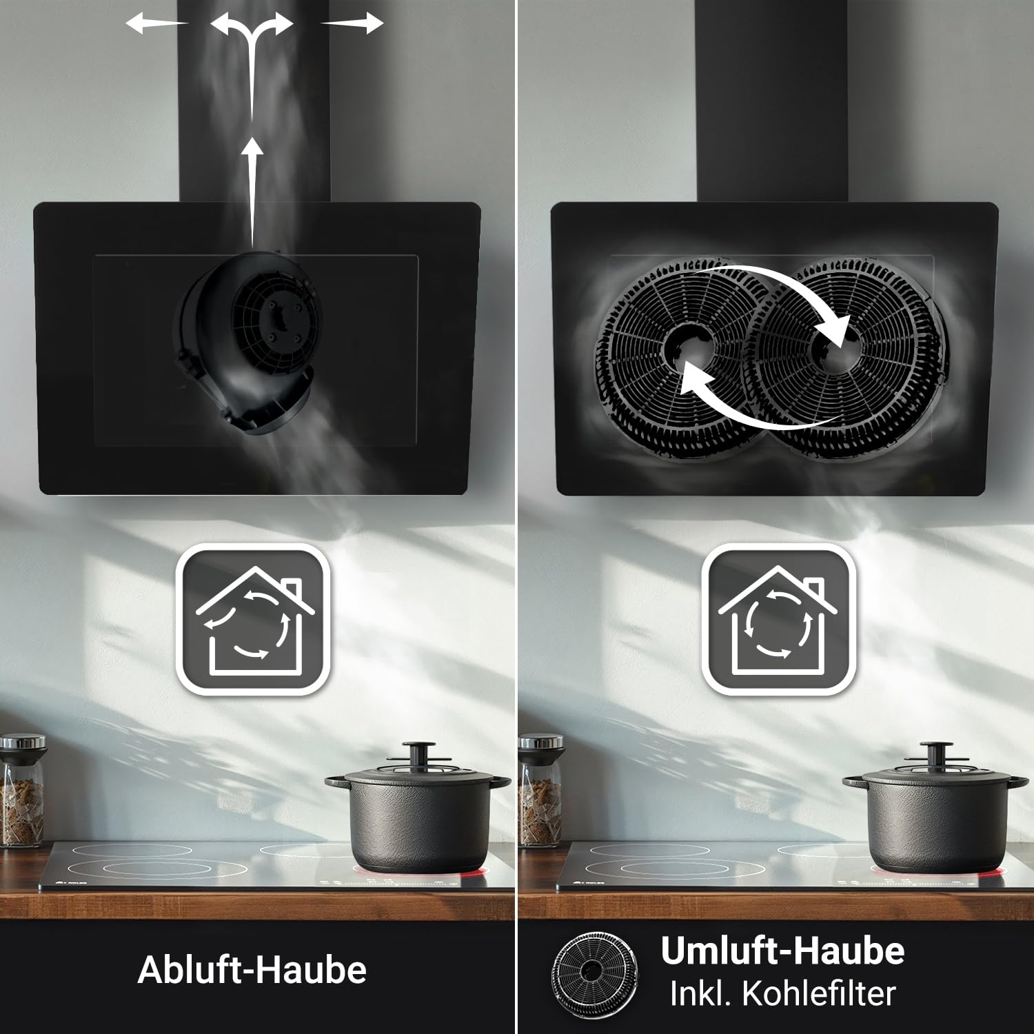 KKT KOLBE Kopffrei-Dunstabzugshaube VTH601ED, 60 cm | Abluft und Umluft, Edelstahl und Glas, schwarz-silber, LED-Beleuchtung, Druckknopf-Bedienung