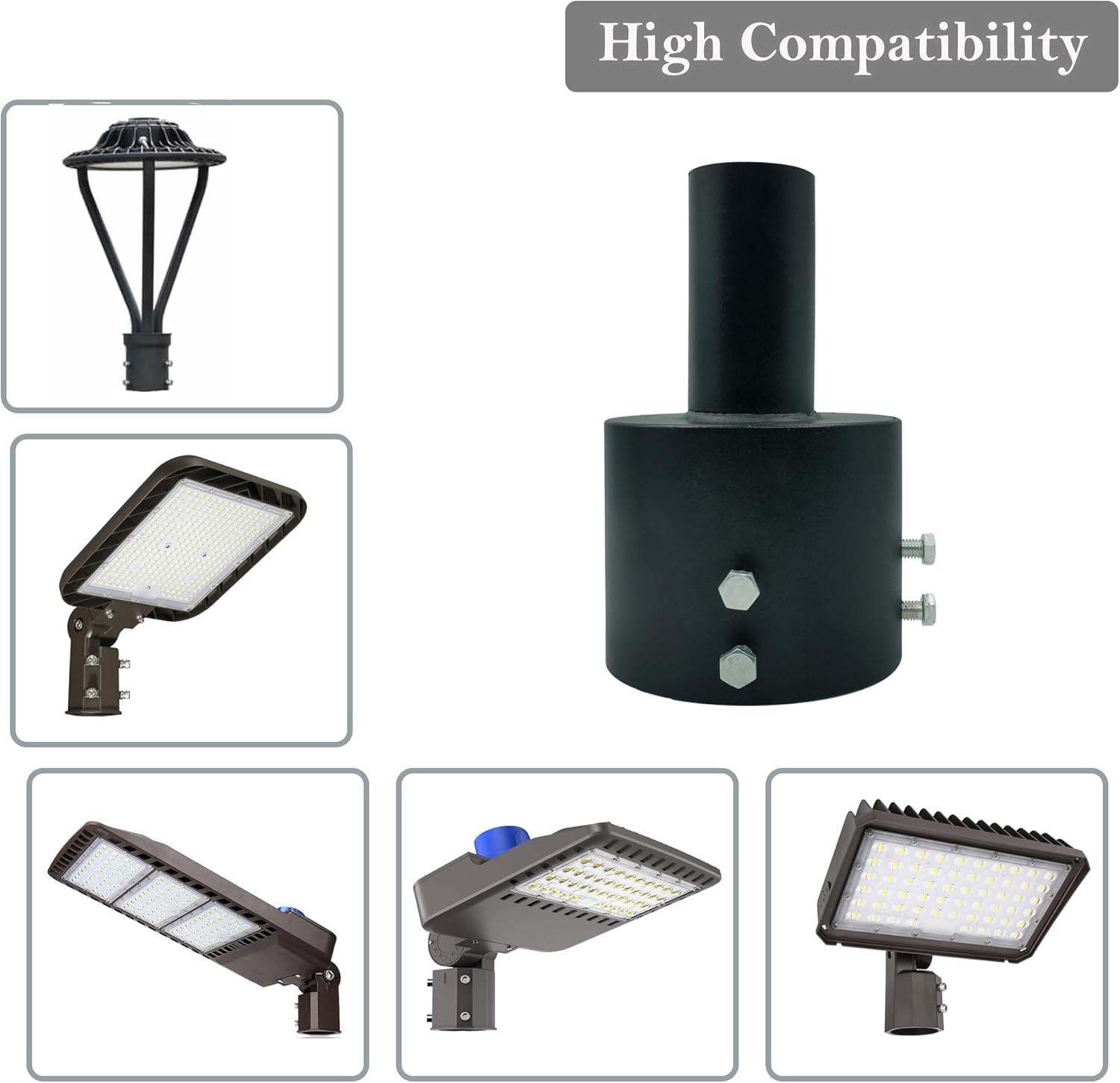 Tenon Adapter for 5 inch Round Pole, Heavy Duty 2 3/8 inch Slip Fitter, Convert 5' to 2.38' Vertical Mounting Bracket for Shoebox Lighting, Street Parking Lot Light