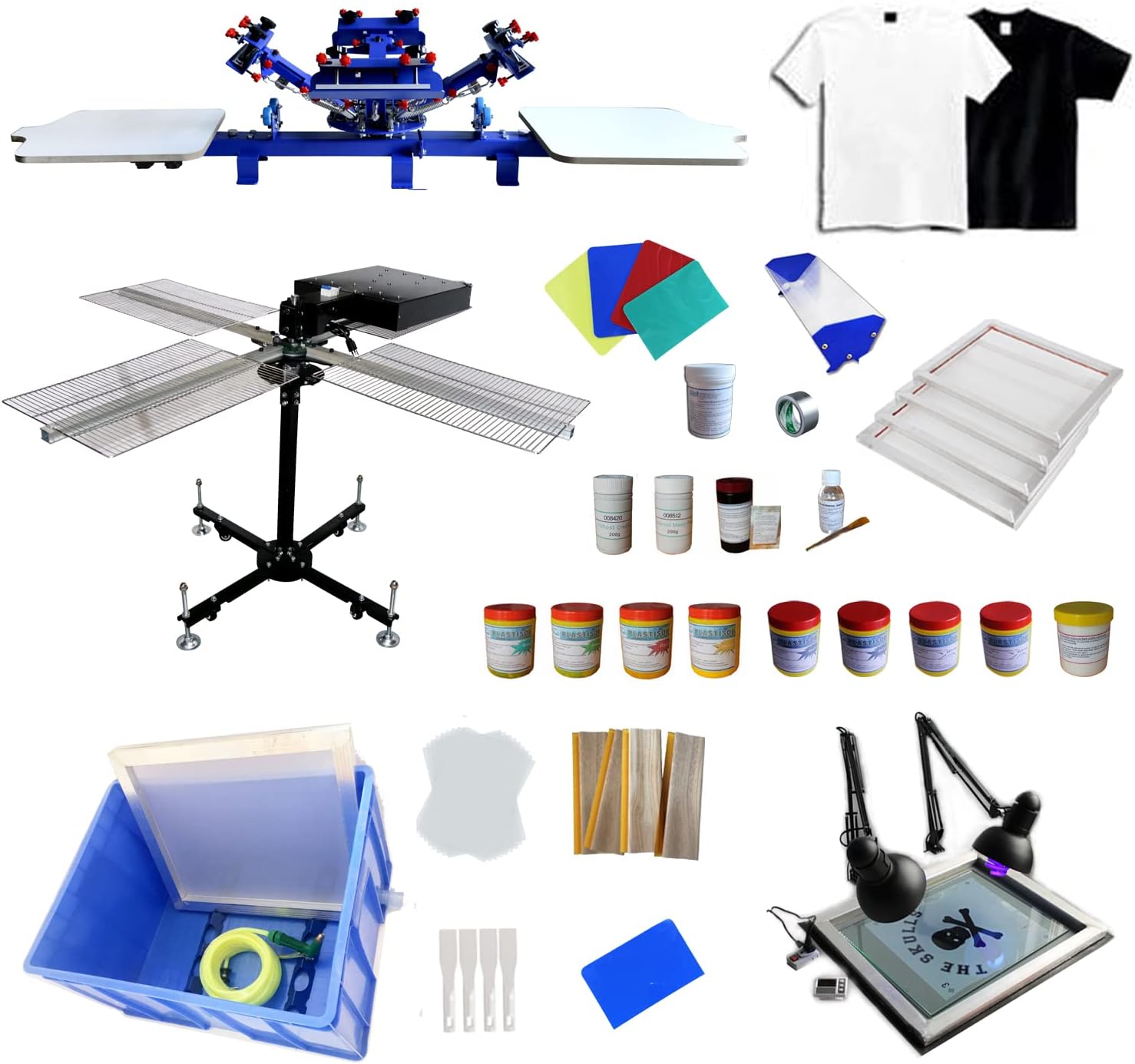 Tianiuseen Screen Printing Kit Silk Printing Press Equipment Material 4 Color 2 Station Desktop Micro-Adjust Screen Printer Screen Printing Flash Dryer for T-Shirt DIY